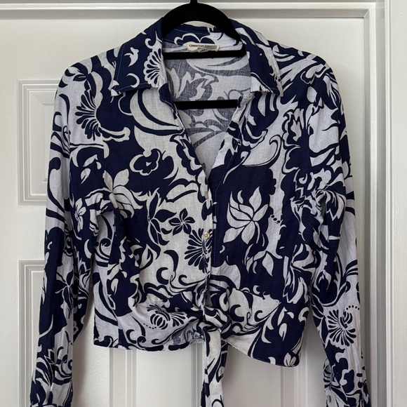 Christian Siriano Navy and White Floral Button Down Shirt - Picture 1 of 5